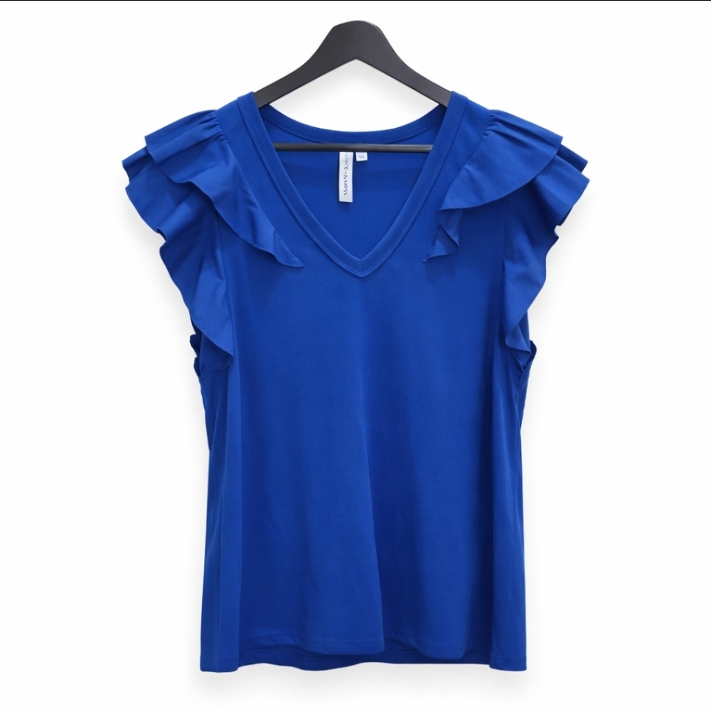 Grace + Karma Blue Flutter Sleeve Pullover Poly Cotton Spandex Top Sz XL